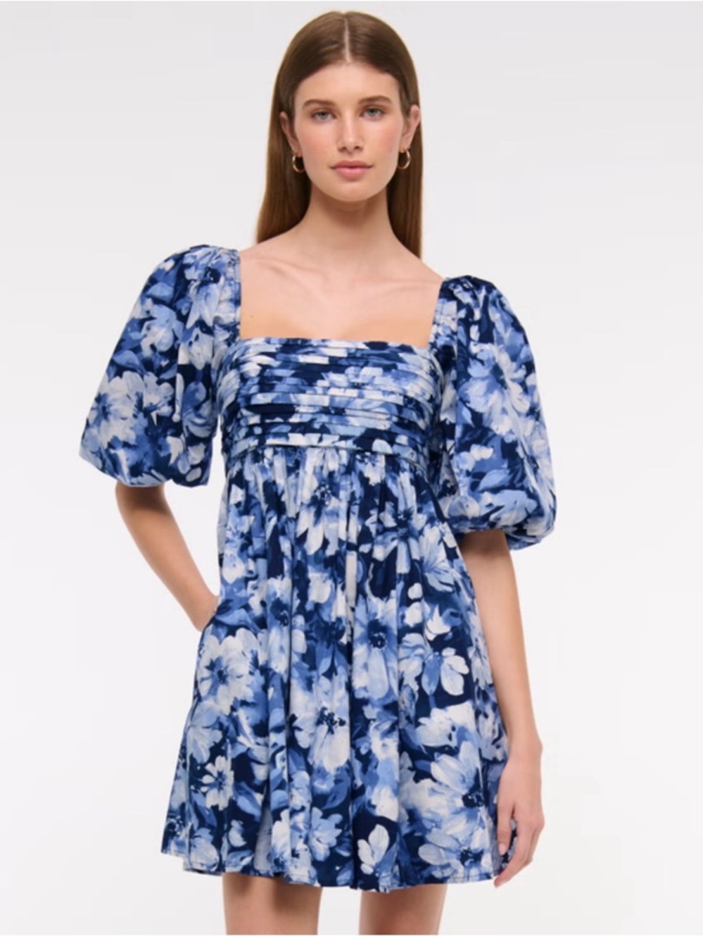 Abercrombie & Fitch Blue Floral Puff-Sleeve Mini Dress